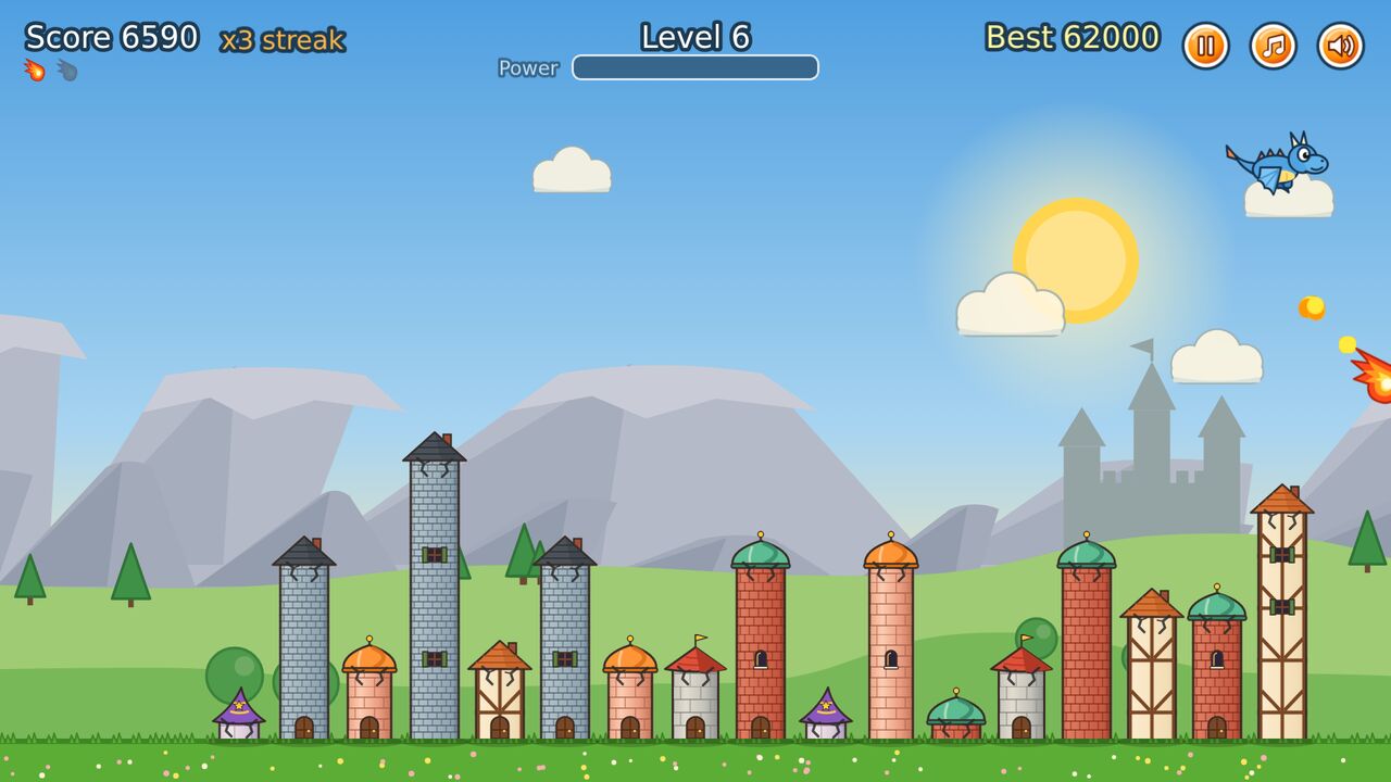 Firewing: a fireball flying towards a row of towers