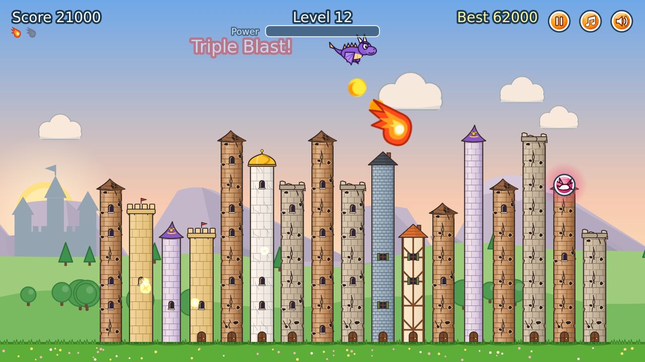 Firewing: the Triple Blast power-up hitting three towers
